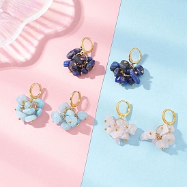 3 пары серег-колец из натурального розового кварца, белого нефрита и лазурита, серьги-кольца из латуни, золотые