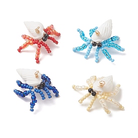 Подвески в виде краба из натуральной черной шпинели, натуральной ракушки-трубы и стеклянных бусин с огранкой круглой формы, прелести морских животных, с петлями из медной проволоки, золотой свет