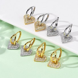 Латунные серьги-кольца из прозрачного кубического циркония, сердце, без кадмия и без свинца, стойки покрытие, долговечный