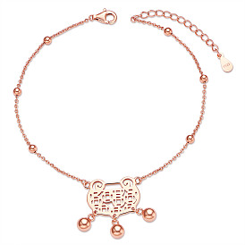 SHEGRACE 925 Sterling Silver Charm Anklets, with Cable Chains and Round Beads, Longevity Lock