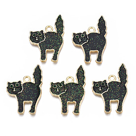 Halloween Rack Plating Alloy Enamel Pendants, Ghost, Cadmium Free & Nickel Free & Lead Free, with Emerald Rhinestone and Glitter Powder, Cat