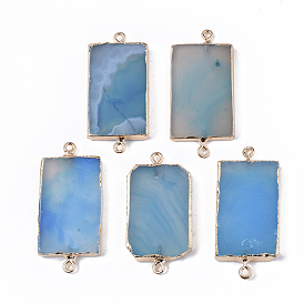 Edge Golden Plated Natural Agate Links Connectors, with Golden Tone Iron Loops, Rectangle