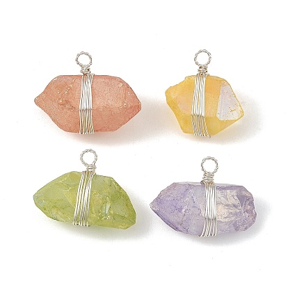 Natural Quartz Crystal Pendants, Nuggets Charms with Copper Wire Wrapped, Silver Color Plated