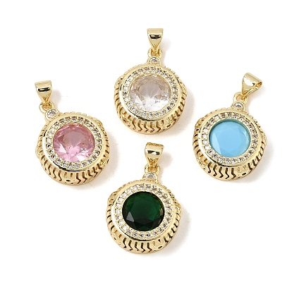 Brass Pave Cubic Zirconia Pendants, Flat Round Charms, Rack Plating, Long-Lasting Plated, Lead Free & Cadmium Free, Real 18K Gold Plated