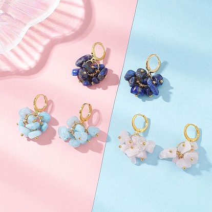 3 пары серег-колец из натурального розового кварца, белого нефрита и лазурита, серьги-кольца из латуни, золотые