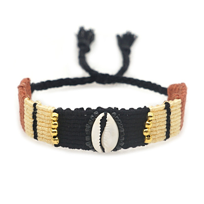 Handmade Knitted Cotton Thread Colorful Couples Bracelet with Bohemian Ethnic Style Shell Beads