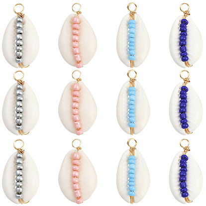 24 шт. 4 Цвета: натуральные ракушки каури и стеклянные бусины, подвески из медной проволоки, подвески в форме ракушек