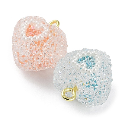 Druzy Resin Pendants, Heart Charms with Plastic Pearl and Rack Plating Golden Tone Brass Loops