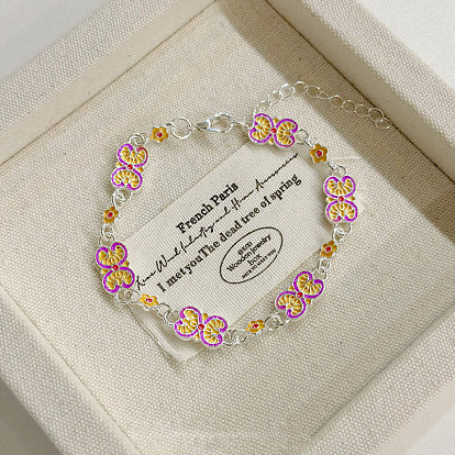 Pulseras de cadena de eslabones de aleación esmaltada, mariposa, el color plateado de plata