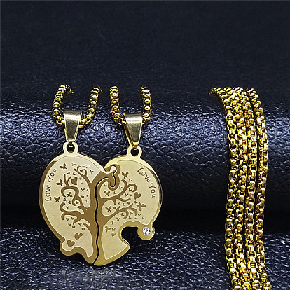 2Pcs 2 Style Rhinestone Tree of Life Couple Pendant Necklaces Set, 304 Stainless Steel Puzzle Heart Matching Couple Necklaces for Best Friends Lovers