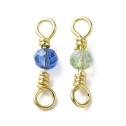 Faceted Glass Connector Charms, Rondelle Links with Rack Plating Brass Wire Double Loops, Lead Free & Cadmium Free, Real 18K Gold Plated, Long-Lasting Plated