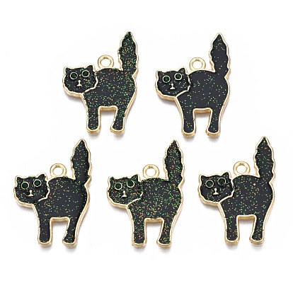 Halloween Rack Plating Alloy Enamel Pendants, Ghost, Cadmium Free & Nickel Free & Lead Free, with Emerald Rhinestone and Glitter Powder, Cat