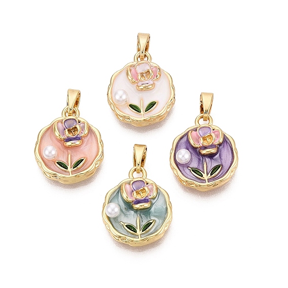 Латунь эмаль подвески, плоские круглые и цветочные подвески, с ABS имитации жемчуга, реальный 18 k позолоченный
