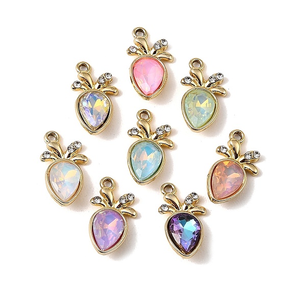 UV Plating Alloy Glass Pendants, Carrot Charm, with Rhinestone, Faceted, Mixed Color