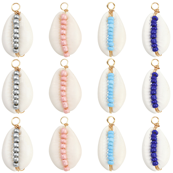 24 шт. 4 Цвета: натуральные ракушки каури и стеклянные бусины, подвески из медной проволоки, подвески в форме ракушек