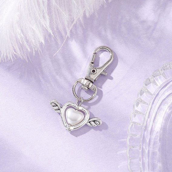 Подвеска в форме сердца из искусственного акрилового жемчуга с крыльями из сплава, Сплав с застежками когтя омара, античное серебро