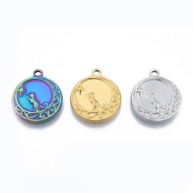 201 Stainless Steel Pendants, Flat Round with Cat