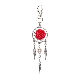 Rose & Skull Resin & Synthetic Turquoise Pendant Decoration, Alloy Woven Net/Web with Feather & Swivel Clasps Charms for Bag Ornaments