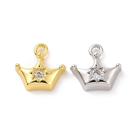 Brass Micro Pave Clear Cubic Zirconia Charms, with Jump Ring, Crown