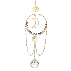 7 Chakra Gemstone Ring Pendant Decoration, with Round Glass and Moon 201 Stainless Steel Charm, for Home Hanging Decoration