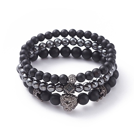 Unisex Stretch Bracelets Sets, Stackable Bracelets, with Natural Black Agate(Dyed) Beads, Non-Magnetic Synthetic Hematite Beads, Brass Cubic Zirconia Beads and Alloy Beads, with Cardboard Packing Box, Lion Head & Crown & Round