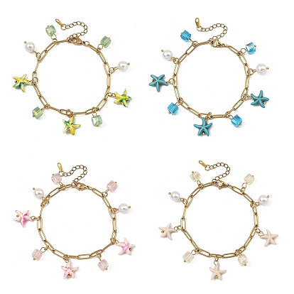 Браслеты с подвесками из стекла и синтетической бирюзы, 304 женские браслеты-цепочки со скрепками из нержавеющей стали, морская звезда и куб