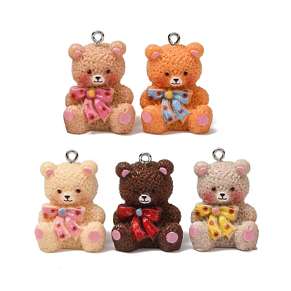 Opaque Resin Pendants, Teddy Bear with Bowknot Charms, with Platinum Iron Loops