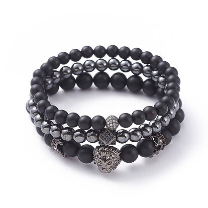 Unisex Stretch Bracelets Sets, Stackable Bracelets, with Natural Black Agate(Dyed) Beads, Non-Magnetic Synthetic Hematite Beads, Brass Cubic Zirconia Beads and Alloy Beads, with Cardboard Packing Box, Lion Head & Crown & Round
