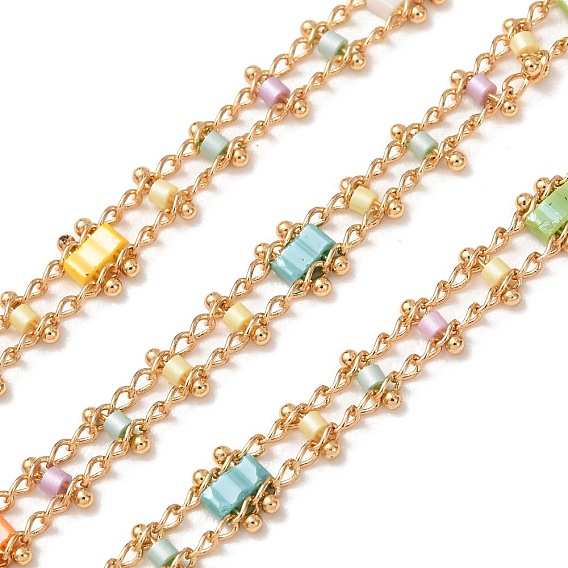 Brass & Glass Seed Beaded Chain, Rectangle, Soldered, with Spool