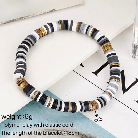 Handmade Polymer Clay Heishi Beaded Stretch Bracelets with CCB for Women, Golden