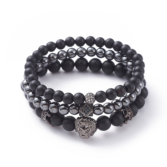 Unisex Stretch Bracelets Sets, Stackable Bracelets, with Natural Black Agate(Dyed) Beads, Non-Magnetic Synthetic Hematite Beads, Brass Cubic Zirconia Beads and Alloy Beads, with Cardboard Packing Box, Lion Head & Crown & Round
