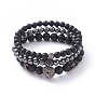 Unisex Stretch Bracelets Sets, Stackable Bracelets, with Natural Black Agate(Dyed) Beads, Non-Magnetic Synthetic Hematite Beads, Brass Cubic Zirconia Beads and Alloy Beads, with Cardboard Packing Box, Lion Head & Crown & Round