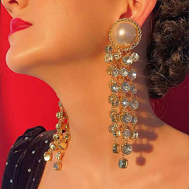 Fashionable Creative Alloy Pearl and Rhinestone Tassel Earrings for Women