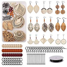 DIY Wood Pendant Drop Earring Making Kit, Including Wooden Big Pendants, Pecan Wood Beads, Copper Wire, Aluminum Jump Rings, Stainless Steel Earring Hooks & Eye Pin