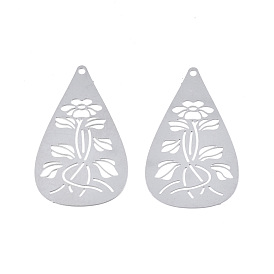 201 Stainless Steel Pendants, Etched Metal Embellishments, Teardrop with Flower