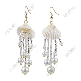 Pendientes colgantes con borlas de cuentas de semillas hechos a mano, shell forma, Con vidrio y concha natural y hematita sintética no magnética y perla de imitación., dorado