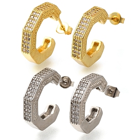 Rack Plating C-Shaped Brass Pave Clear Cubic Zirconia Stud Earrings, Lead Free & Cadmium Free, Long-Lasting Plated