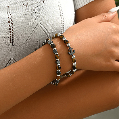 Браслеты из бусин из натурального тигрового глаза и немагнитного синтетического гематита для повседневной носки и вечеринок, с шарики из нержавеющей стали