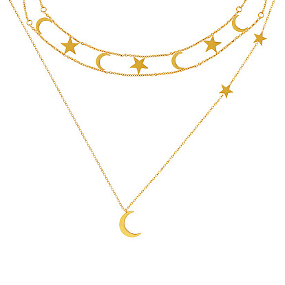 Romantic Double-layered Star and Moon Pendant Necklace Set for Women