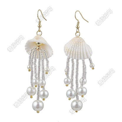 Pendientes colgantes con borlas de cuentas de semillas hechos a mano, shell forma, Con vidrio y concha natural y hematita sintética no magnética y perla de imitación., dorado