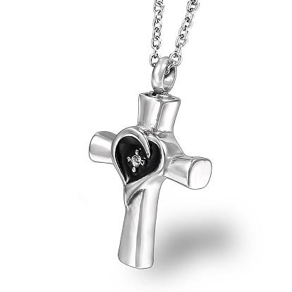 Titanium Steel Memorial Jewelry Urn Ashes Pendants, with Enamel and Cubic Zirconia, High Polished, Cross with Heart