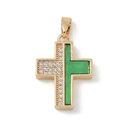 Rack Plating Brass Micro Pave Cubic Zirconia Pendants, with Imitation Pearl, Lead Free & Cadmium Free, Long-Lasting Plated, Cross