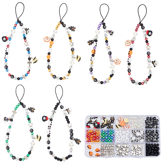 Наборы для самостоятельного изготовления браслетов на тему Хэллоуина, включая подвески из смолы, Акриловые бусины, Стеклянные бусины, CCB пластиковые шарики, полиэфирного корда, Перейти латунные