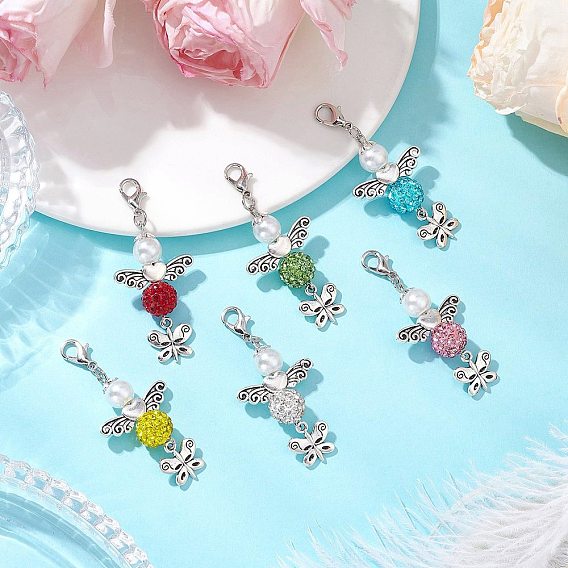 6 шт. 6 цвета подвеска в виде ангела и бабочки из сплава с бусинами и полимерной глиной, украшенная стразами, Сплав с застежками когтя омара