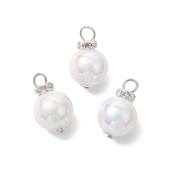 Имитация жемчуга акриловыми подвесками, круглые, с латунными бусинами-разделителями из стразов и железными штифтами с плоскими головками