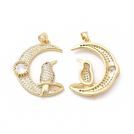 Rack Plating Brass Cubic Zirconia Pendants, Cadmium Free & Lead Free, Real 18K Gold Plated, Long-Lasting Plated, Crescent Moon with Bird Charm