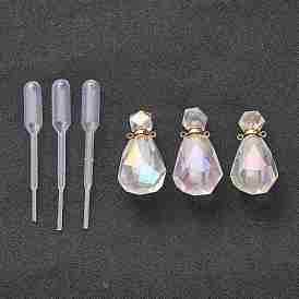 Angel Aura Quartz, Faceted, Electroplated Natural Quartz Crystal Perfume Bottle Pendants, with Golden Tone Stainless Steel Findings and Plastic Dropper