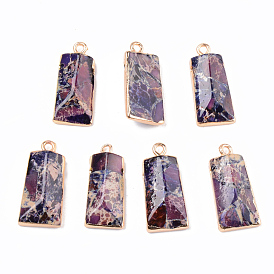 Synthetic Gold Line Regalite/Imperial Jasper/Sea Sediment Jasper Pendants, with Edge Light Gold Plated and Brass Loop, Dyed, Rectangle