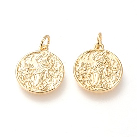 Brass Pendants, with Jump Rings, Long-Lasting Plated, Flat Round with Angel