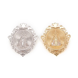 Brass Micro Pave Clear Cubic Zirconia Pendants, Oval with Virgin Mary